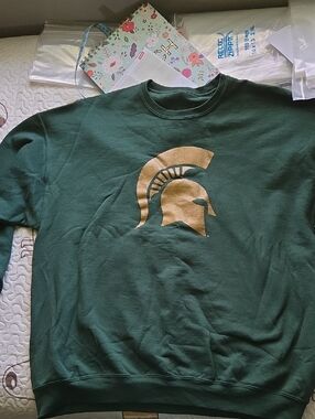 Unisex Green Sweatshirt with Gold Spartan Helmet Graphic MSU